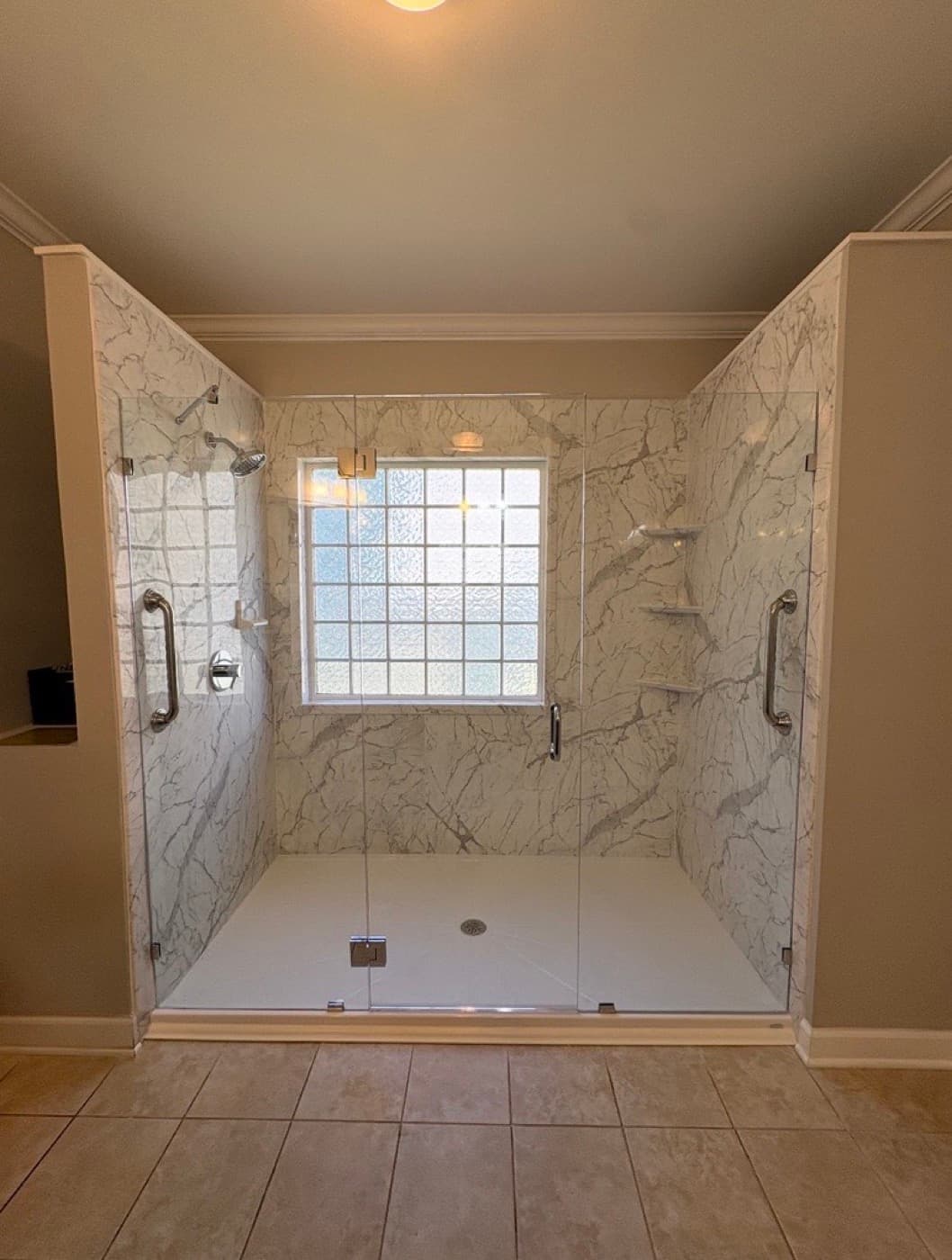Tub-to-shower conversion in Greenville, SC — the finished bathroom after a one-day Patriot Showers install
