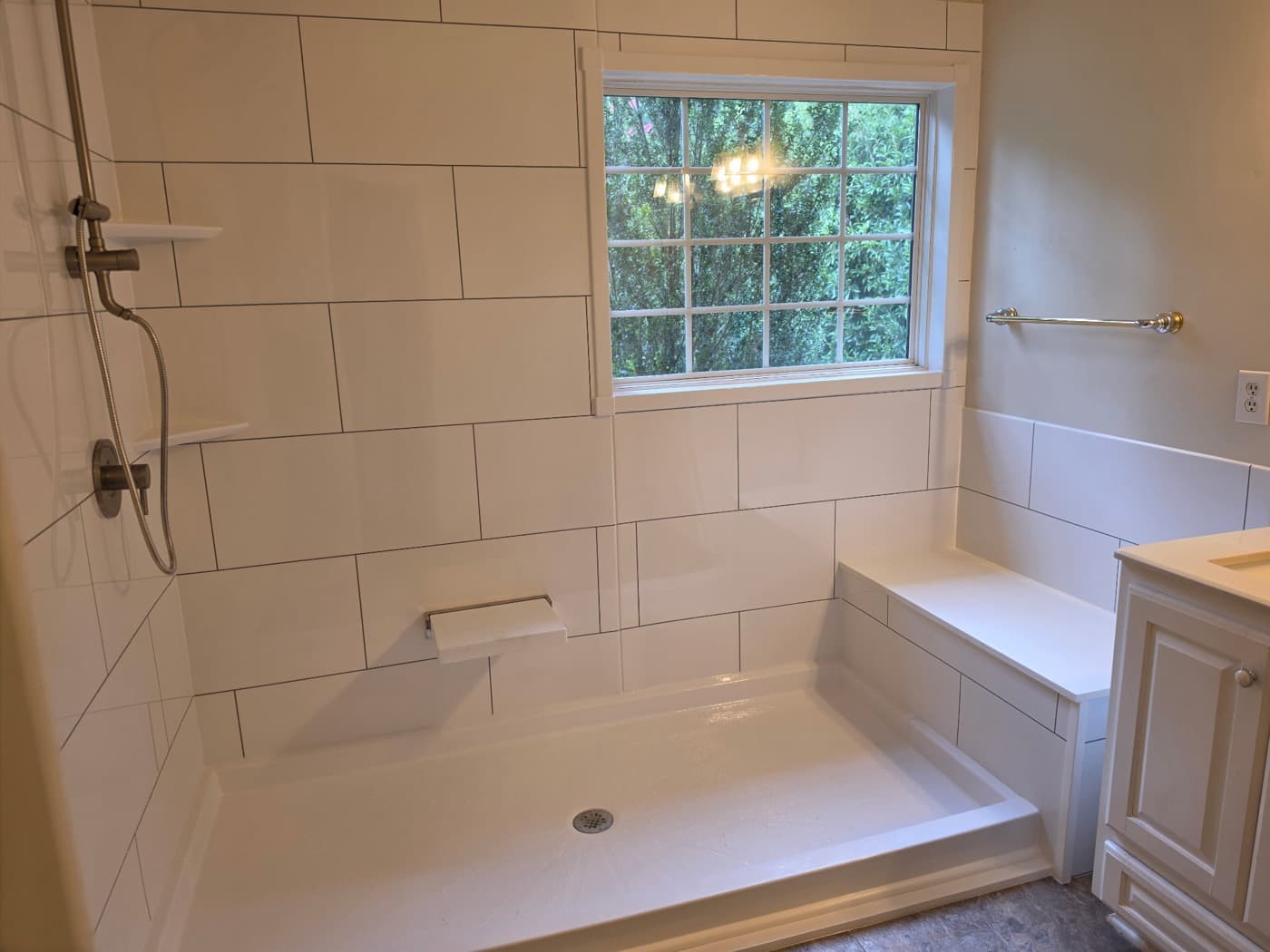 Tub-to-shower conversion in Spartanburg, SC — the finished bathroom after a one-day Patriot Showers install