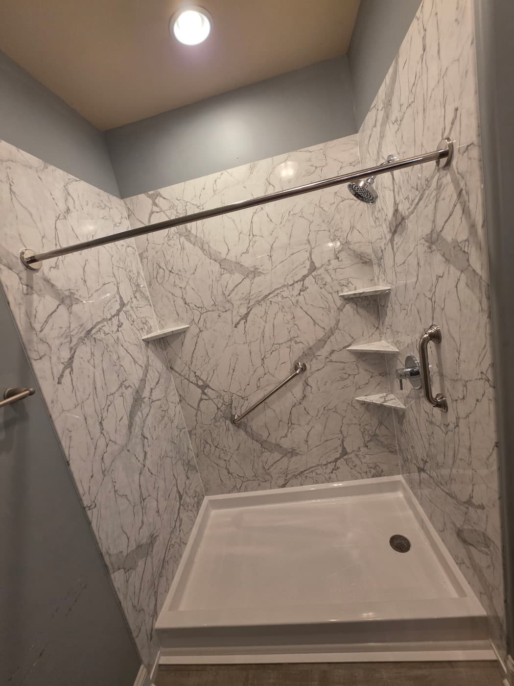 Walk-in shower remodel in Greenville, SC — the finished bathroom after a one-day Patriot Showers install