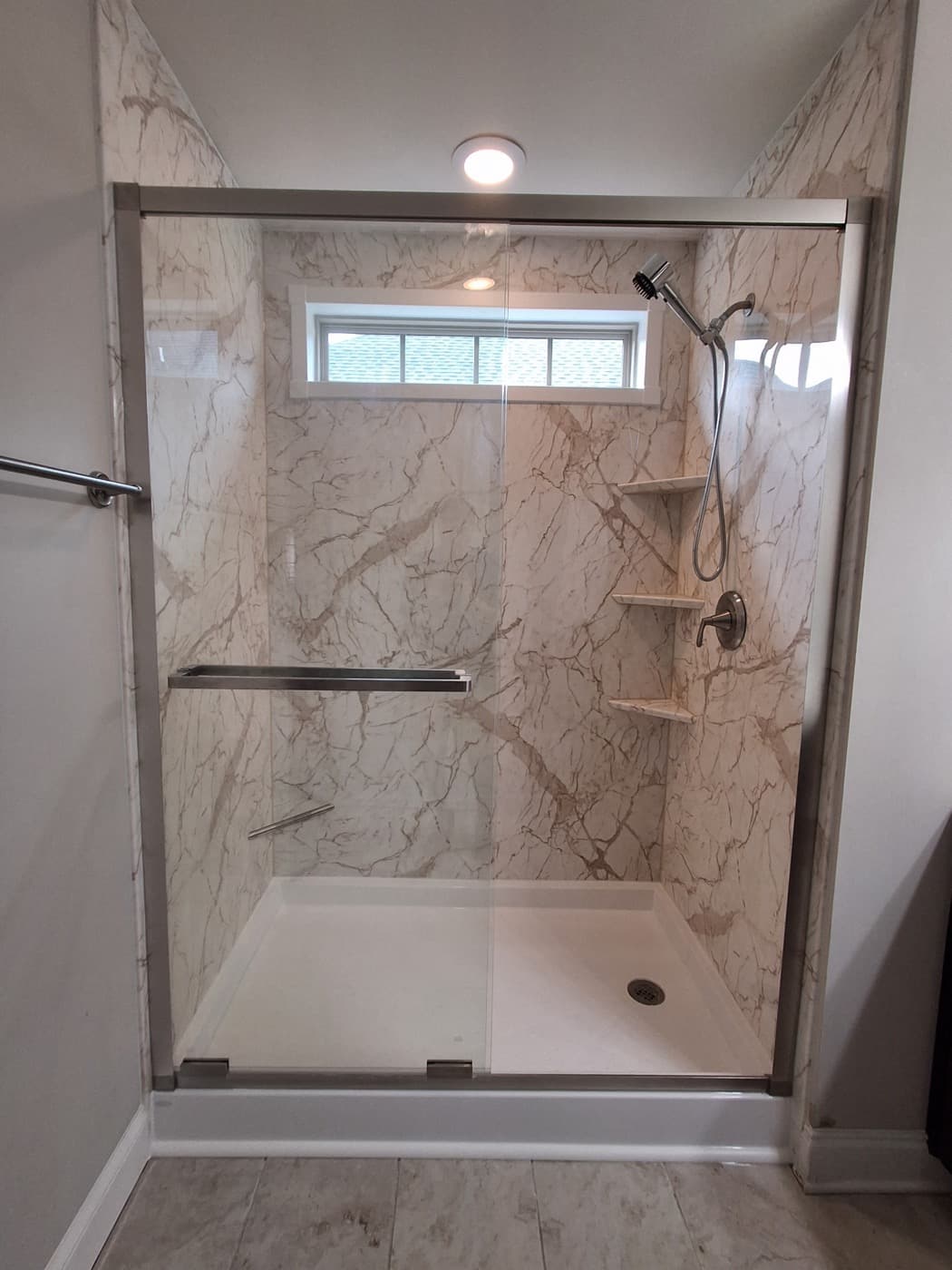 Walk-in shower remodel in Spartanburg, SC — the finished bathroom after a one-day Patriot Showers install