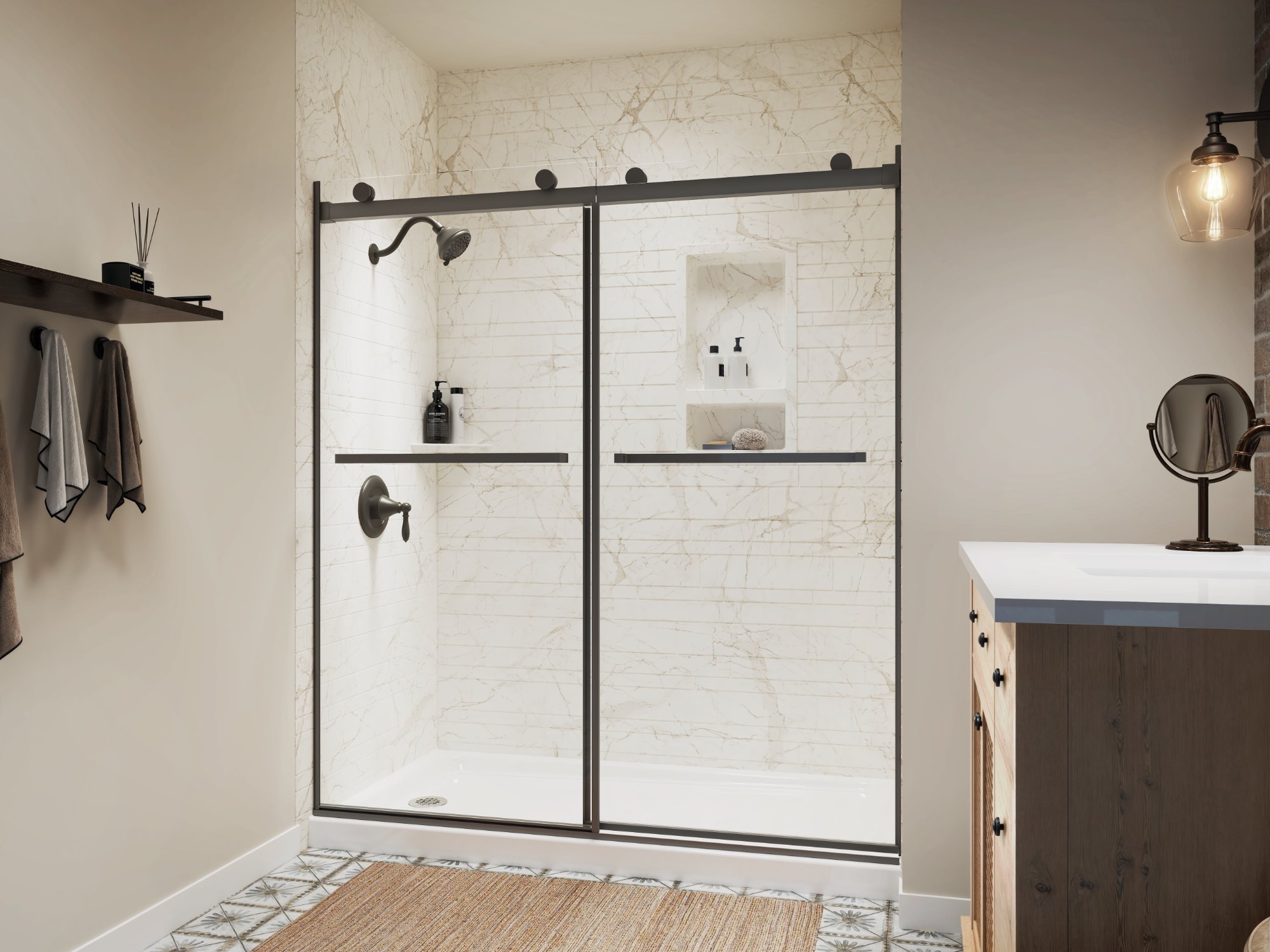 Cafe marble tub and shower with sliding doors