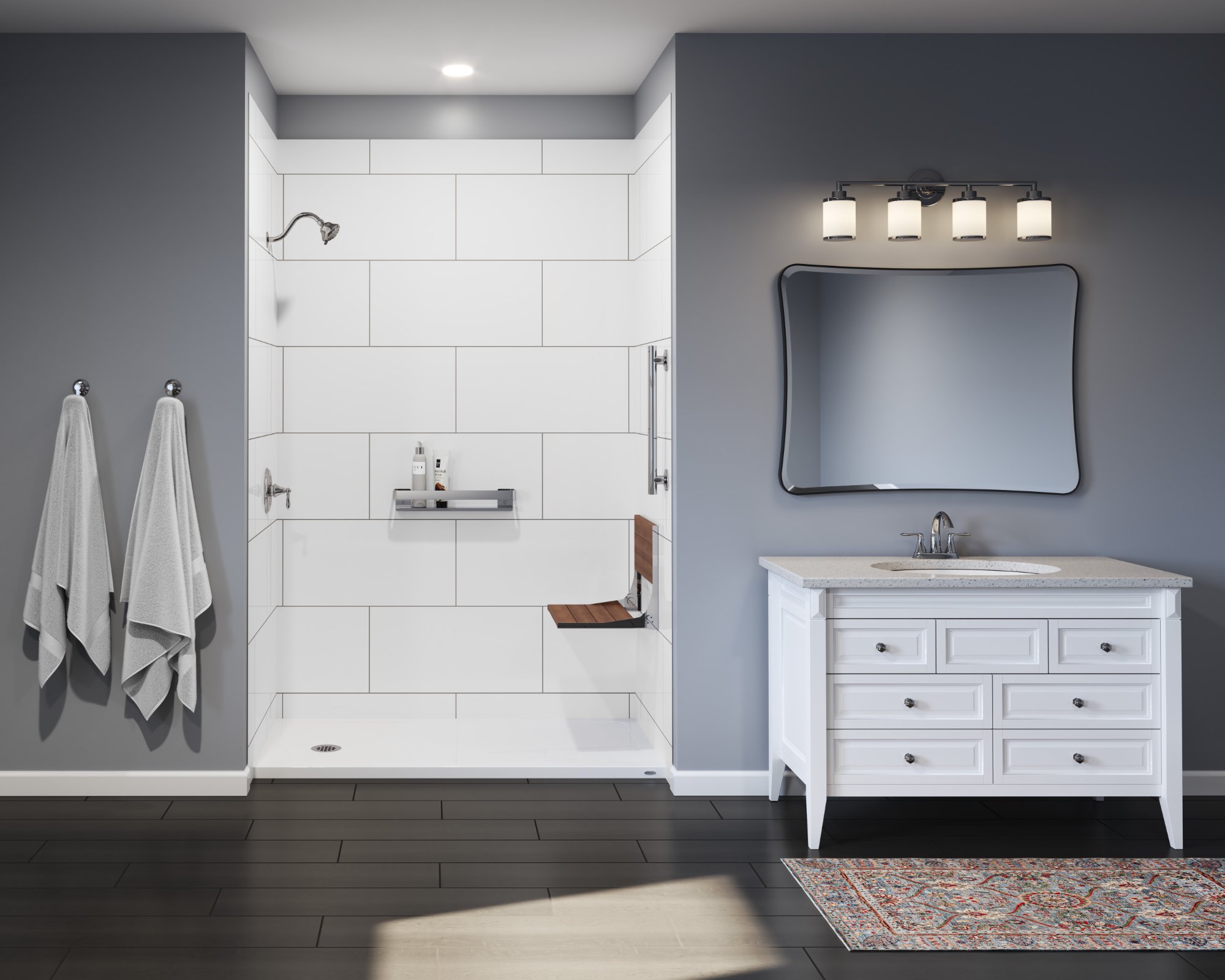 Walk-in shower with fold-down bench